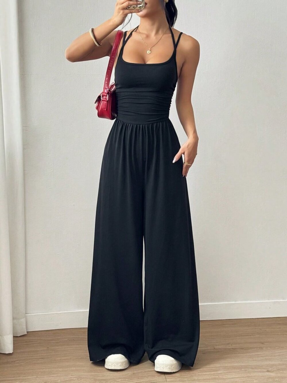 Black Casual Women's Pleated Loose Straight Jumpsuit